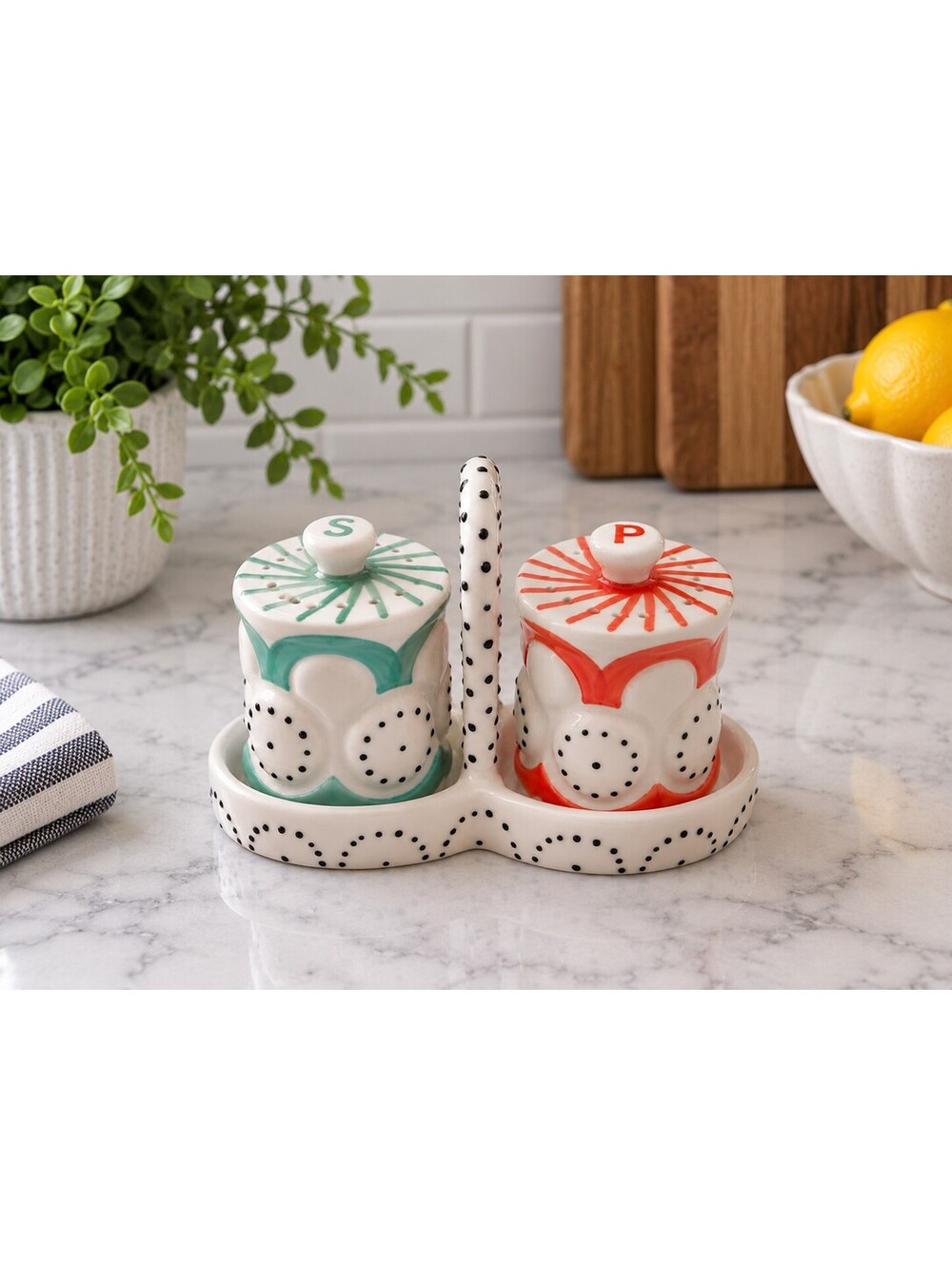 Anthropologie Brassica Salt Pepper Shakers Caddy Coral Green Ceramic Set